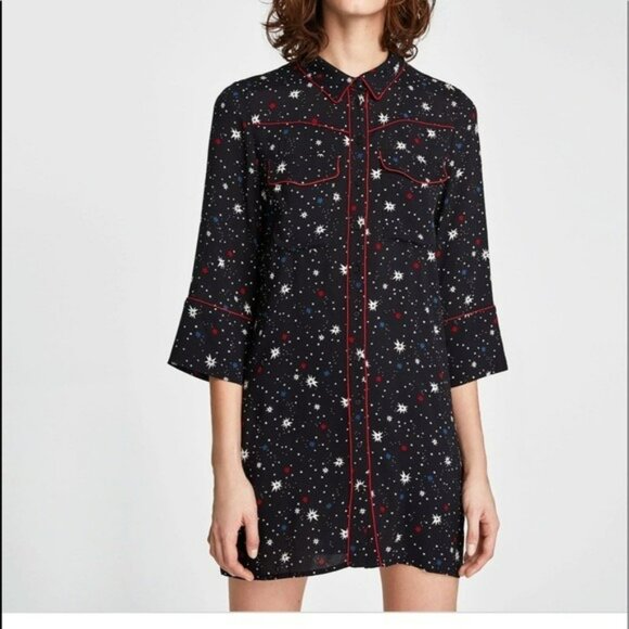 Zara Woman Star Print Long Sleeve Button Down Shirt Dress Night Sky Patriotic - Picture 1 of 8